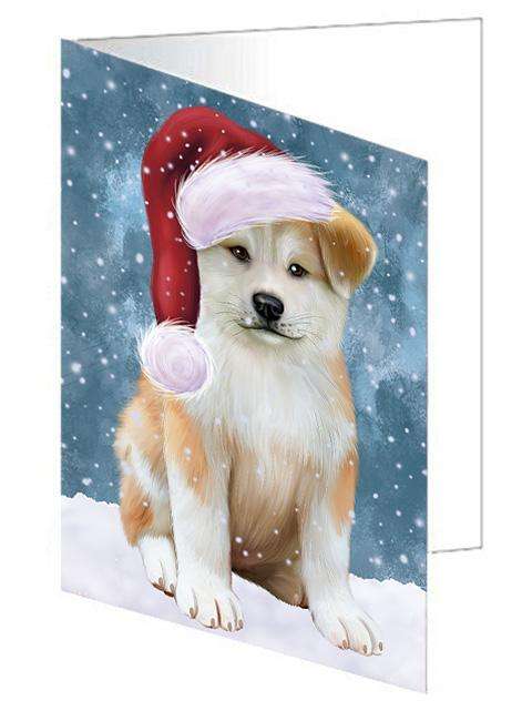 Let it Snow Christmas Holiday Akita Dog Wearing Santa Hat Handmade Artwork Assorted Pets Greeting Cards and Note Cards with Envelopes for All Occasions and Holiday Seasons GCD66836