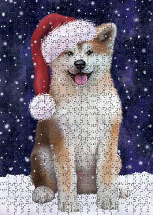 Let it Snow Christmas Holiday Akita Dog Wearing Santa Hat Puzzle with Photo Tin PUZL84228