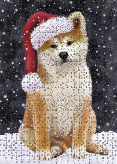 Let it Snow Christmas Holiday Akita Dog Wearing Santa Hat Puzzle with Photo Tin PUZL84236