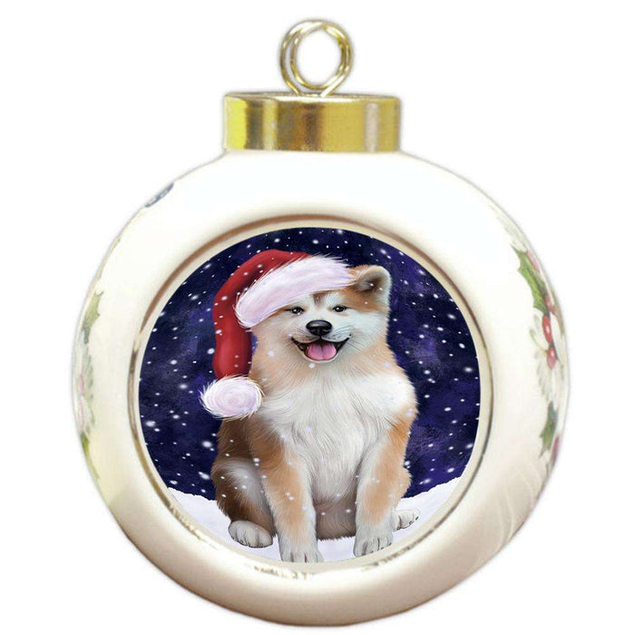 Let it Snow Christmas Holiday Akita Dog Wearing Santa Hat Round Ball Christmas Ornament RBPOR54268