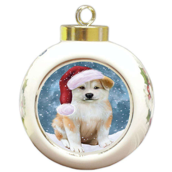 Let it Snow Christmas Holiday Akita Dog Wearing Santa Hat Round Ball Christmas Ornament RBPOR54269