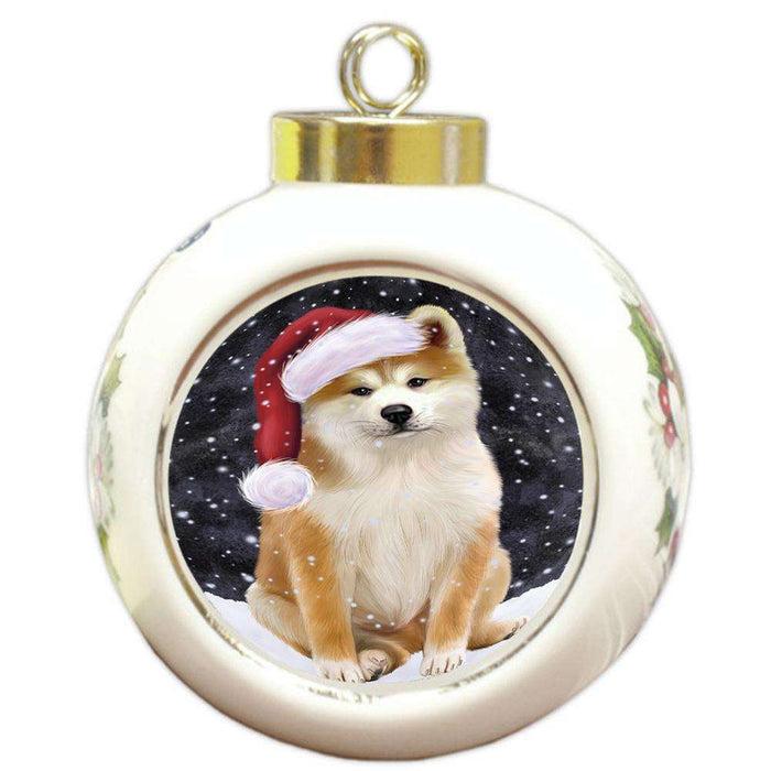 Let it Snow Christmas Holiday Akita Dog Wearing Santa Hat Round Ball Christmas Ornament RBPOR54270
