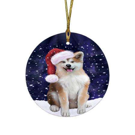 Let it Snow Christmas Holiday Akita Dog Wearing Santa Hat Round Flat Christmas Ornament RFPOR54259