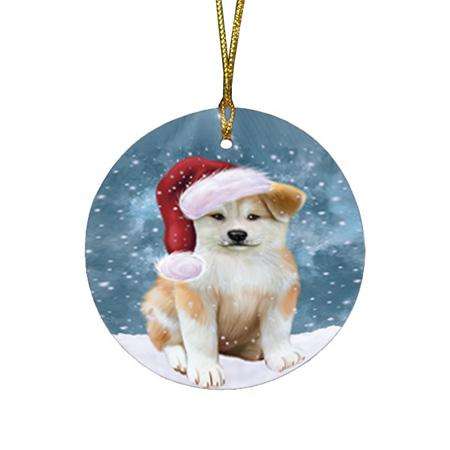 Let it Snow Christmas Holiday Akita Dog Wearing Santa Hat Round Flat Christmas Ornament RFPOR54260