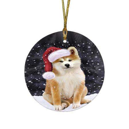 Let it Snow Christmas Holiday Akita Dog Wearing Santa Hat Round Flat Christmas Ornament RFPOR54261