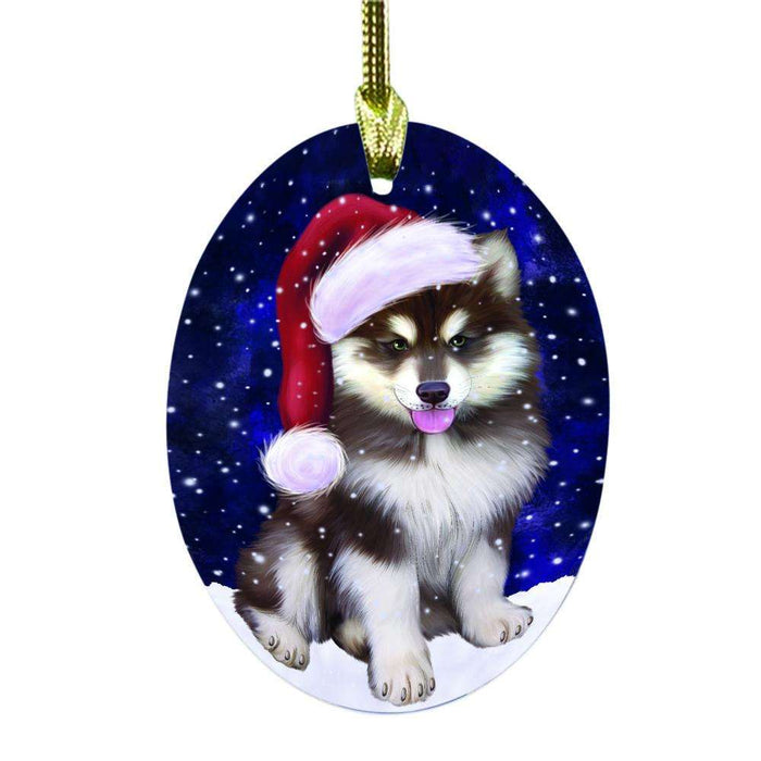 Let it Snow Christmas Holiday Alaskan Malamute Dog Oval Glass Christmas Ornament OGOR48388