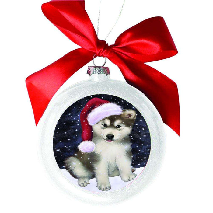Let it Snow Christmas Holiday Alaskan Malamute Dog White Round Ball Christmas Ornament WBSOR48387