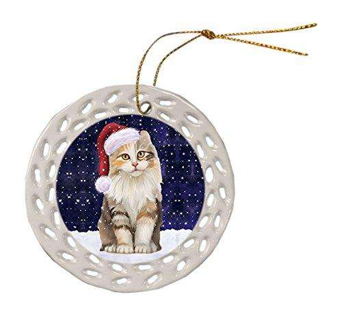 Let it Snow Christmas Holiday American Curl Cat Wearing Santa Hat Ceramic Doily Ornament D050