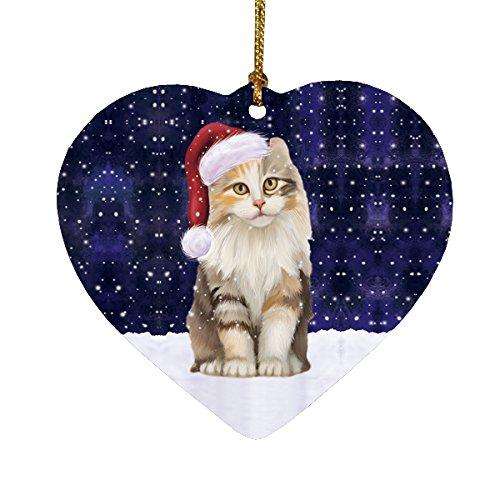 Let it Snow Christmas Holiday American Curl Cat Wearing Santa Hat Heart Ornament D258