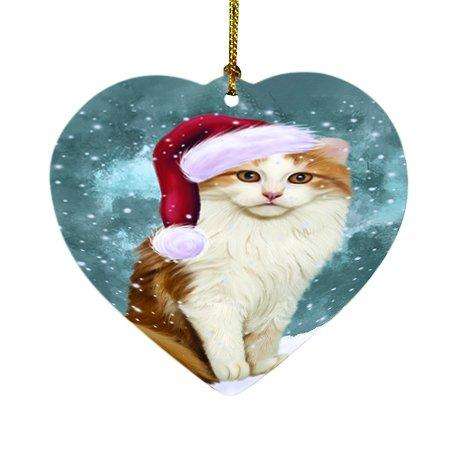 Let it Snow Christmas Holiday American Curl Cat Wearing Santa Hat Heart Ornament D301