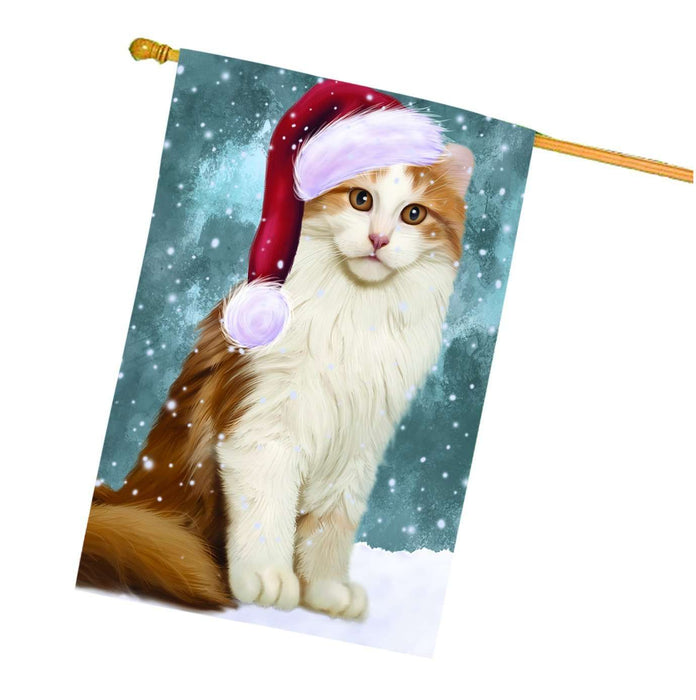Let it Snow Christmas Holiday American Curl Cat Wearing Santa Hat House Flag