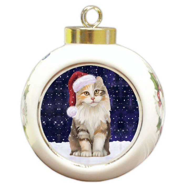 Let it Snow Christmas Holiday American Curl Cat Wearing Santa Hat Round Ball Ornament D258