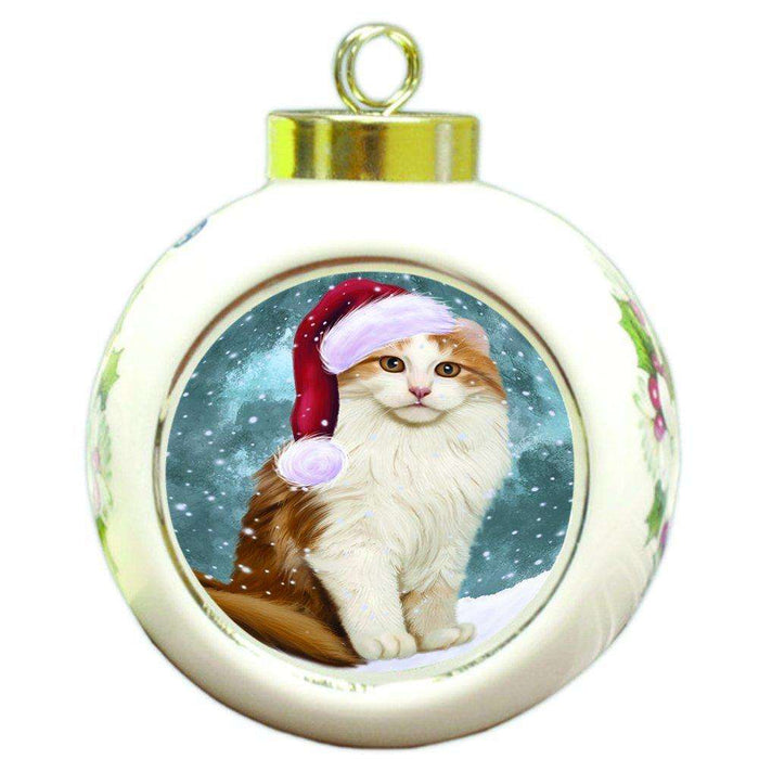 Let it Snow Christmas Holiday American Curl Cat Wearing Santa Hat Round Ball Ornament D301