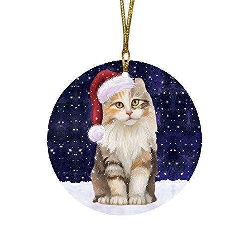 Let it Snow Christmas Holiday American Curl Cat Wearing Santa Hat Round Ornament D258