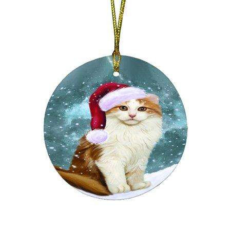 Let it Snow Christmas Holiday American Curl Cat Wearing Santa Hat Round Ornament D301