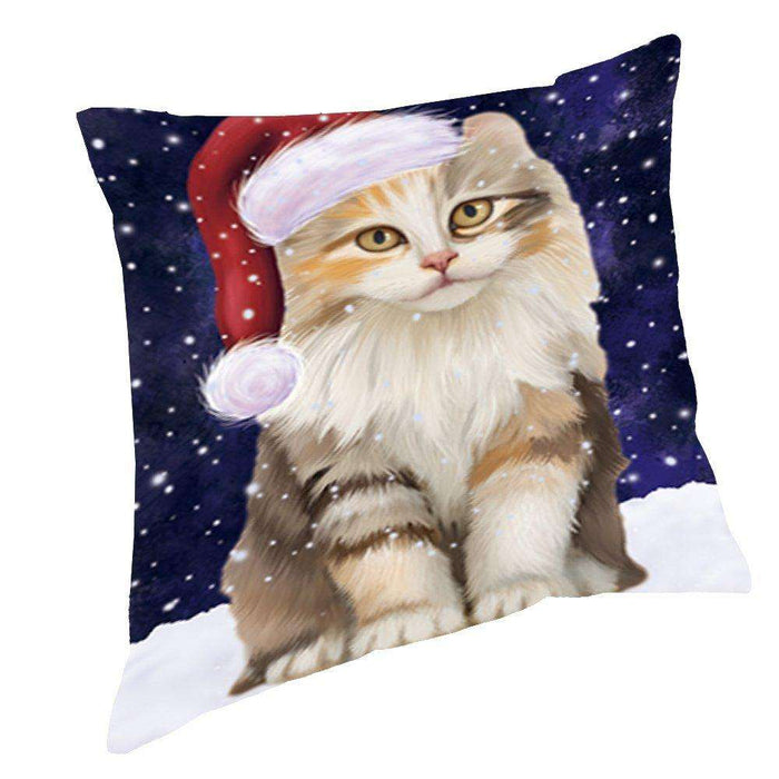 Let it Snow Christmas Holiday American Curl Cat Wearing Santa Hat Throw Pillow D416