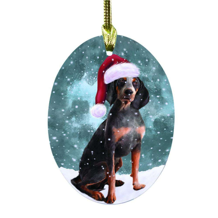 Let it Snow Christmas Holiday American English Coonhound Dog Oval Glass Christmas Ornament OGOR48395
