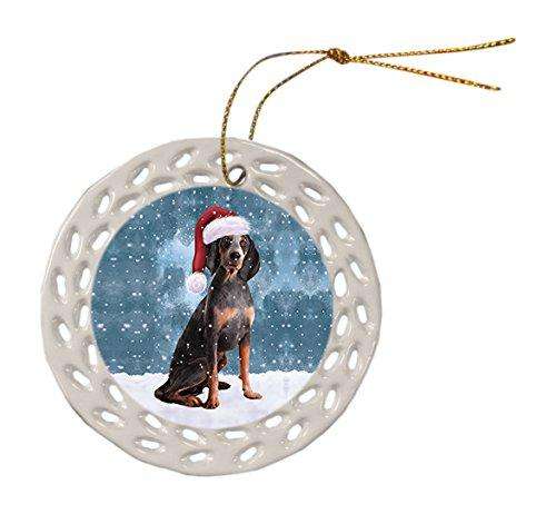 Let it Snow Christmas Holiday American English Coonhound Dog Wearing Santa Hat Ceramic Doily Ornament D051