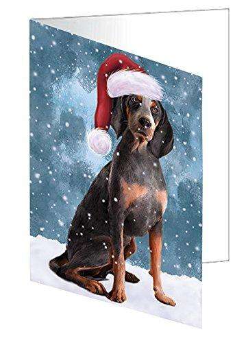 Let it Snow Christmas Holiday American English Coonhound Dog Wearing Santa Hat Handmade Artwork Assorted Pets Greeting Cards and Note Cards with Envelopes for All Occasions and Holiday Seasons D365