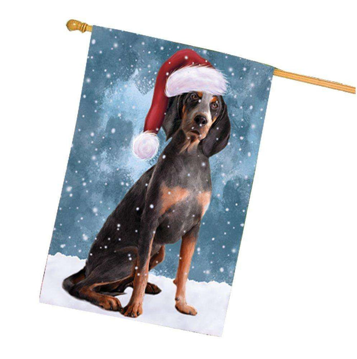 Let it Snow Christmas Holiday American English Coonhound Dog Wearing Santa Hat House Flag