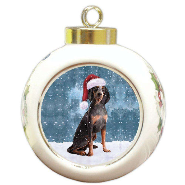Let it Snow Christmas Holiday American English Coonhound Dog Wearing Santa Hat Round Ball Ornament D259