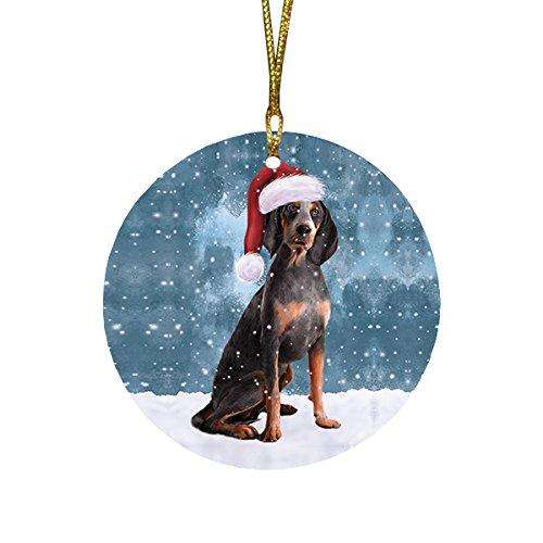 Let it Snow Christmas Holiday American English Coonhound Dog Wearing Santa Hat Round Ornament D259