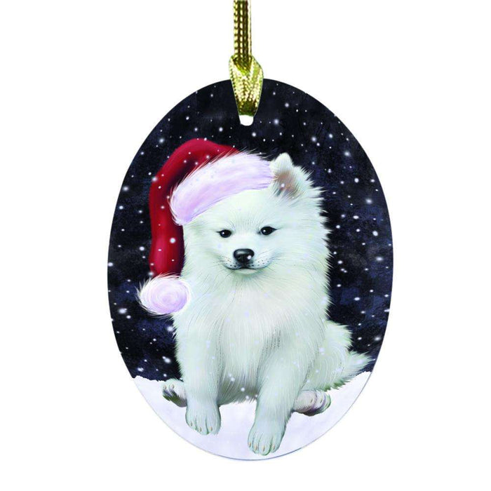 Let it Snow Christmas Holiday American Eskimo Dog Oval Glass Christmas Ornament OGOR48396