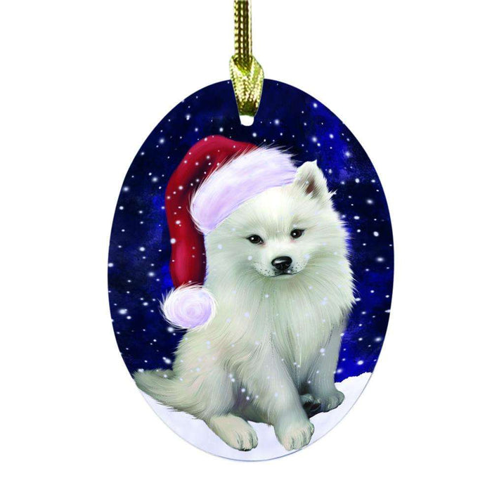 Let it Snow Christmas Holiday American Eskimo Dog Oval Glass Christmas Ornament OGOR48397
