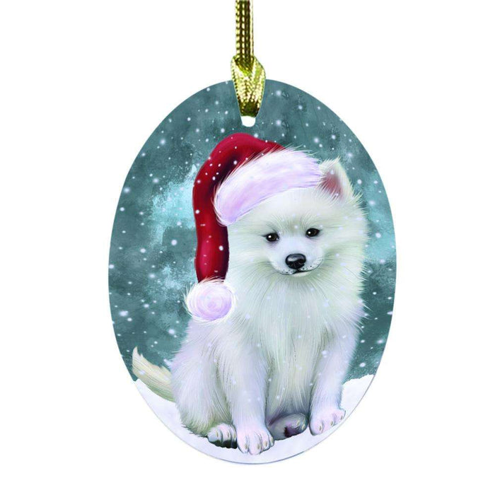 Let it Snow Christmas Holiday American Eskimo Dog Oval Glass Christmas Ornament OGOR48398