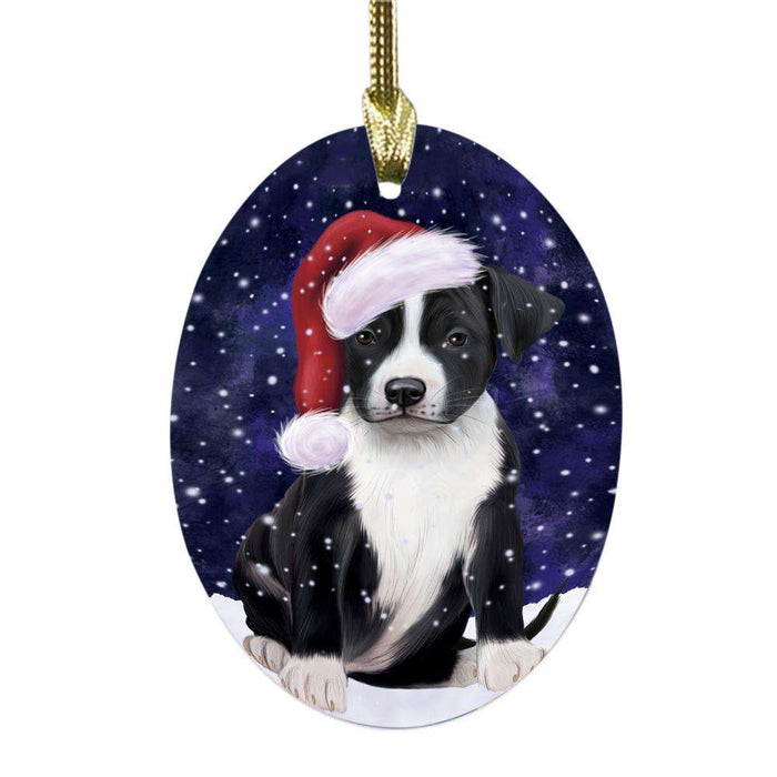 Let it Snow Christmas Holiday American Staffordshire Dog Oval Glass Christmas Ornament OGOR48913
