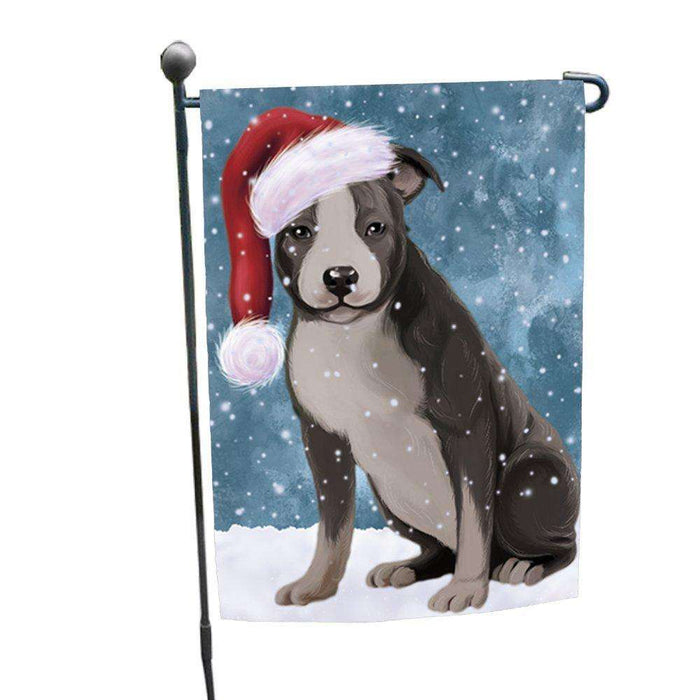 Let it Snow Christmas Holiday American Staffordshire Dog Wearing Santa Hat Garden Flag