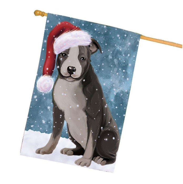 Let it Snow Christmas Holiday American Staffordshire Dog Wearing Santa Hat House Flag