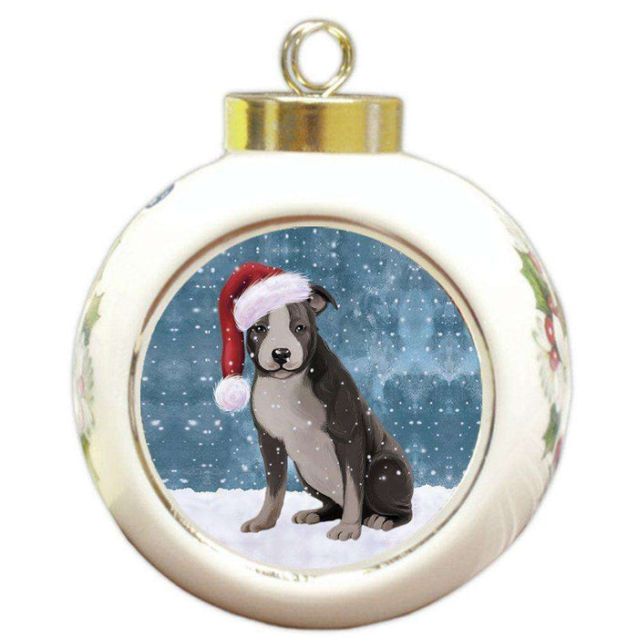Let it Snow Christmas Holiday American Staffordshire Dog Wearing Santa Hat Round Ball Ornament D260