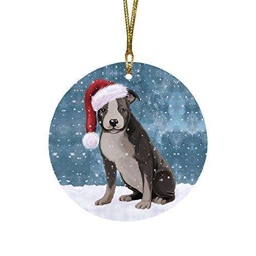 Let it Snow Christmas Holiday American Staffordshire Dog Wearing Santa Hat Round Ornament D260