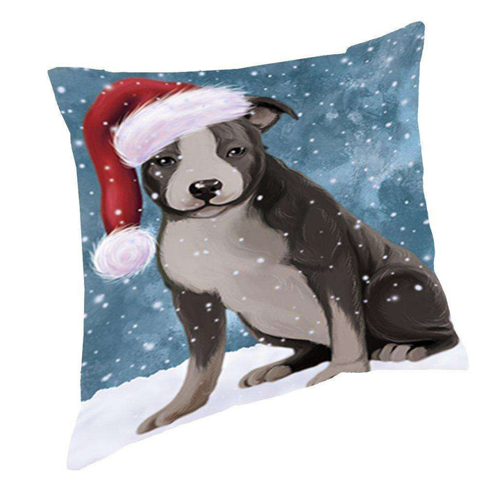 Let it Snow Christmas Holiday American Staffordshire Dog Wearing Santa Hat Throw Pillow D418