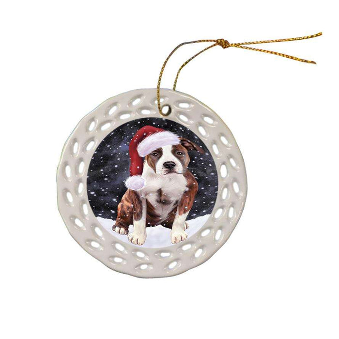Let it Snow Christmas Holiday American Staffordshire Terrier Dog Wearing Santa Hat Ceramic Doily Ornament DPOR54271