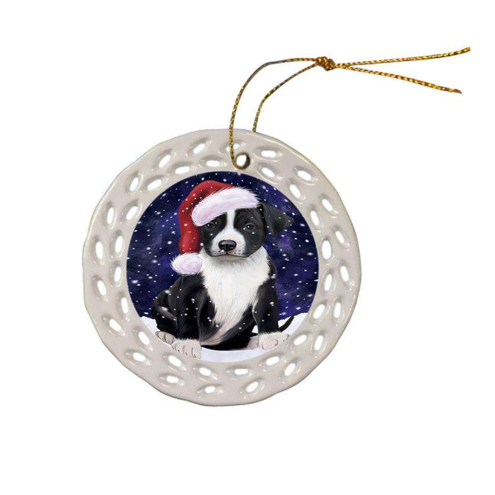 Let it Snow Christmas Holiday American Staffordshire Terrier Dog Wearing Santa Hat Ceramic Doily Ornament DPOR54272