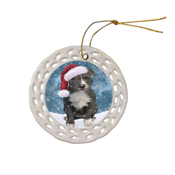 Let it Snow Christmas Holiday American Staffordshire Terrier Dog Wearing Santa Hat Ceramic Doily Ornament DPOR54273