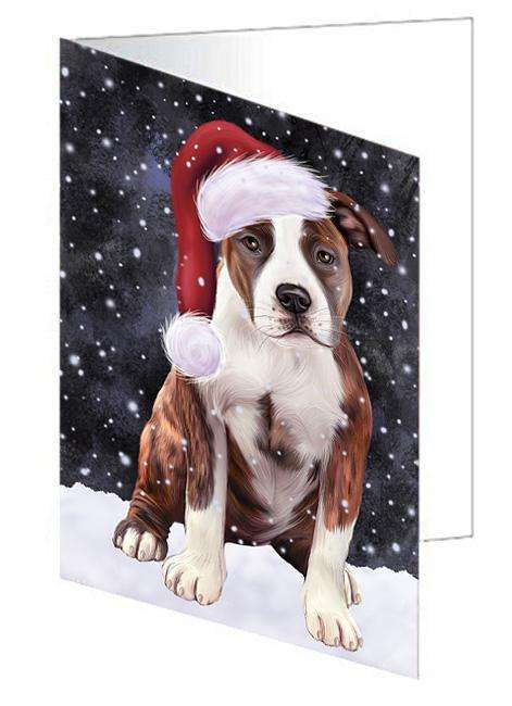 Let it Snow Christmas Holiday American Staffordshire Terrier Dog Wearing Santa Hat Handmade Artwork Assorted Pets Greeting Cards and Note Cards with Envelopes for All Occasions and Holiday Seasons GCD66842