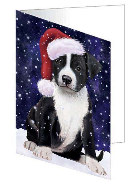 Let it Snow Christmas Holiday American Staffordshire Terrier Dog Wearing Santa Hat Handmade Artwork Assorted Pets Greeting Cards and Note Cards with Envelopes for All Occasions and Holiday Seasons GCD66845