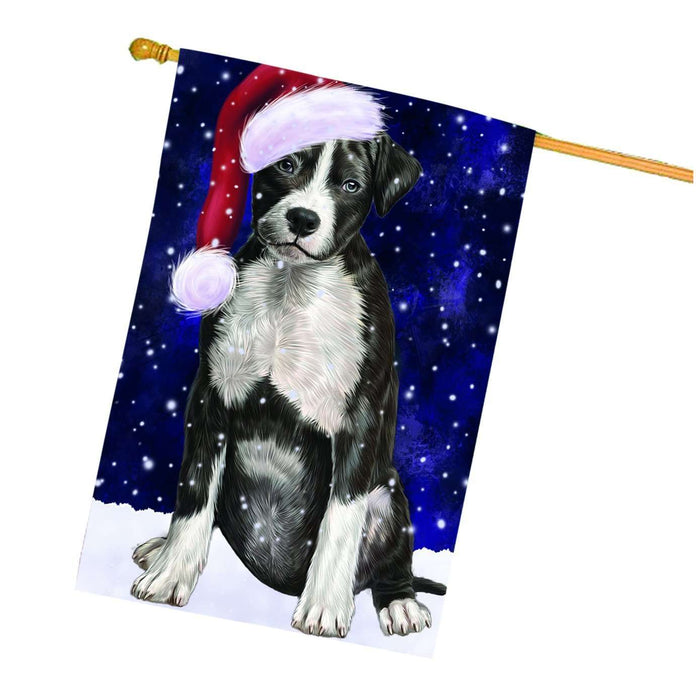 Let it Snow Christmas Holiday American Staffordshire Terrier Dog Wearing Santa Hat House Flag