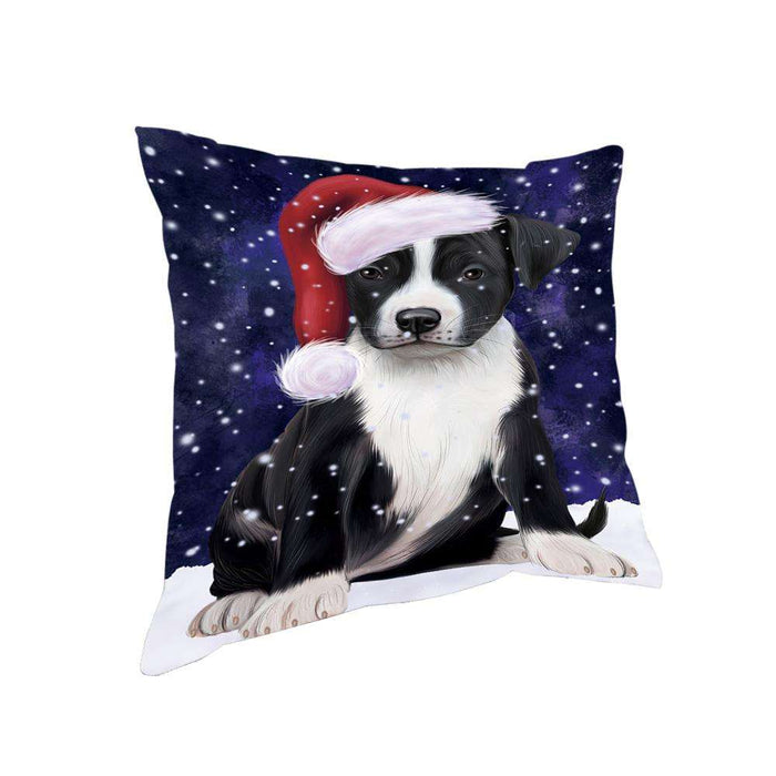 Let it Snow Christmas Holiday American Staffordshire Terrier Dog Wearing Santa Hat Pillow PIL73712