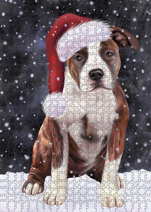 Let it Snow Christmas Holiday American Staffordshire Terrier Dog Wearing Santa Hat Puzzle with Photo Tin PUZL84240