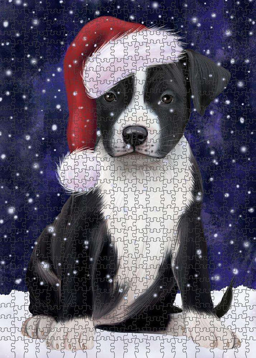 Let it Snow Christmas Holiday American Staffordshire Terrier Dog Wearing Santa Hat Puzzle with Photo Tin PUZL84244