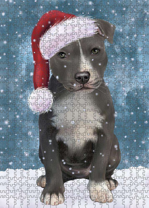 Let it Snow Christmas Holiday American Staffordshire Terrier Dog Wearing Santa Hat Puzzle with Photo Tin PUZL84248