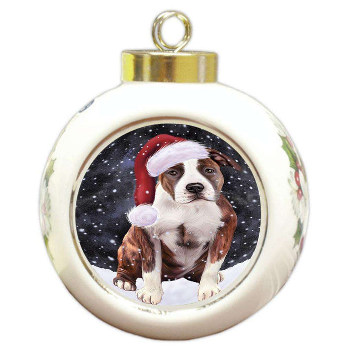 Let it Snow Christmas Holiday American Staffordshire Terrier Dog Wearing Santa Hat Round Ball Christmas Ornament RBPOR54271