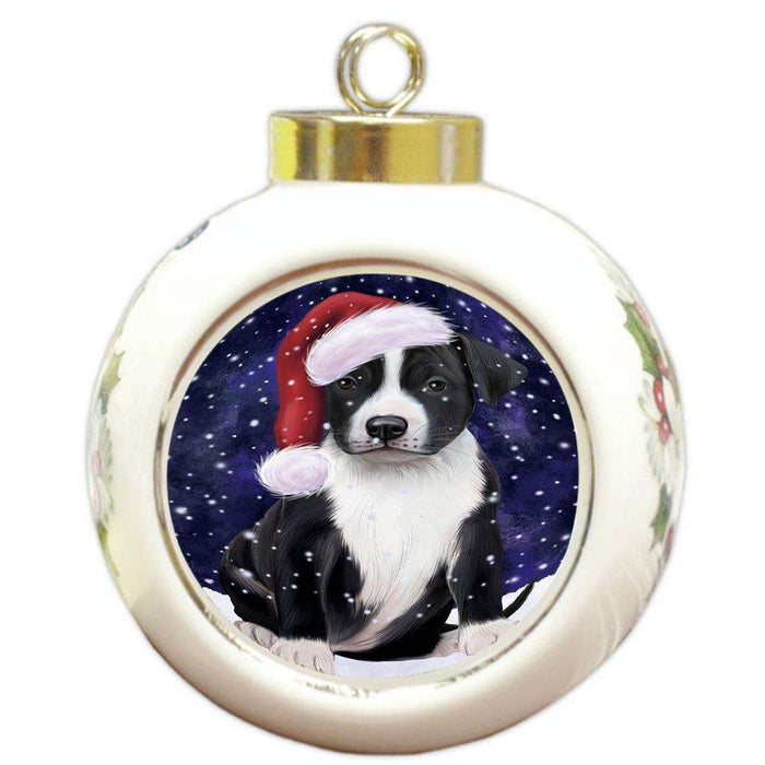 Let it Snow Christmas Holiday American Staffordshire Terrier Dog Wearing Santa Hat Round Ball Christmas Ornament RBPOR54272
