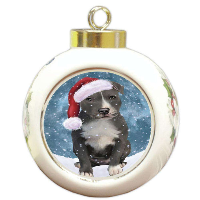 Let it Snow Christmas Holiday American Staffordshire Terrier Dog Wearing Santa Hat Round Ball Christmas Ornament RBPOR54273