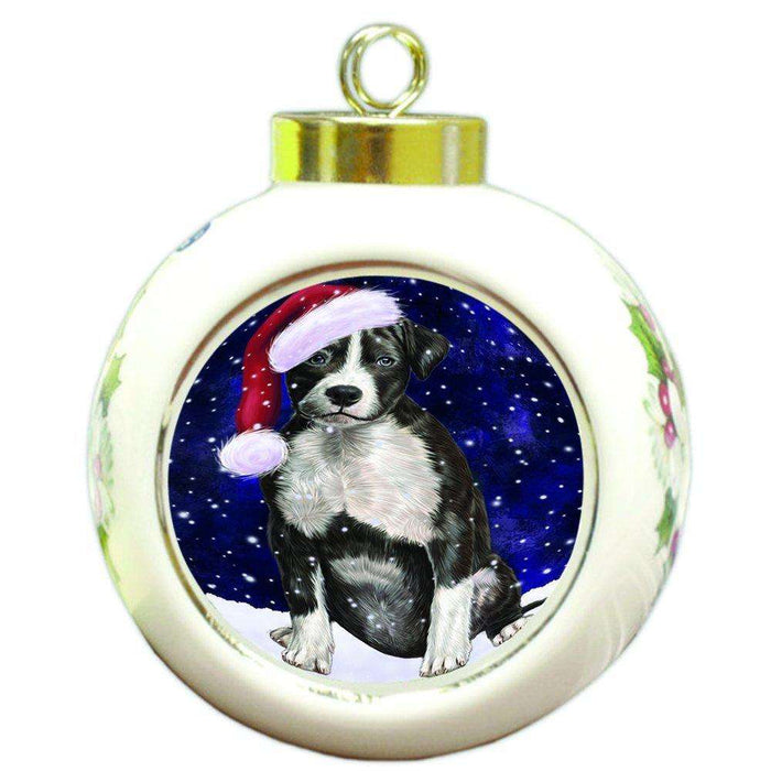 Let it Snow Christmas Holiday American Staffordshire Terrier Dog Wearing Santa Hat Round Ball Ornament D302