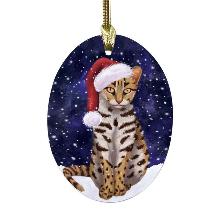 Let it Snow Christmas Holiday Asian Leopard Cat Oval Glass Christmas Ornament OGOR48407